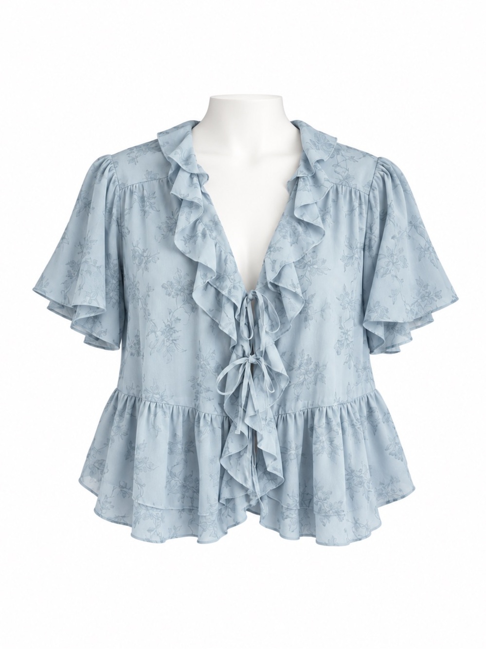 Size 2X Torrid V-Neck Double Ruffle Top Chirps Toile Blue Floral Tie Front
